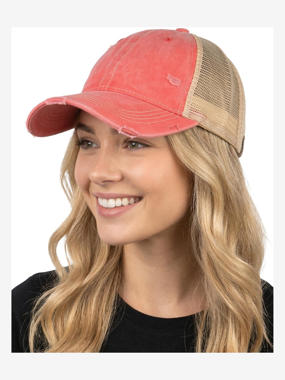 Distressed Mesh Low Profile Trucker Hat | Washed Red, Beige Mesh | Size OS